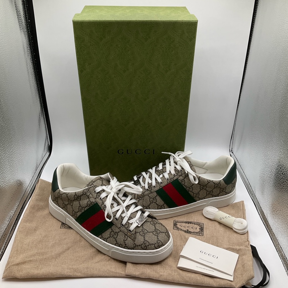 Men's Gucci Size 6 1/2 (US 7) Ace Sneaker Shoe With Web Beige Ebony Supreme